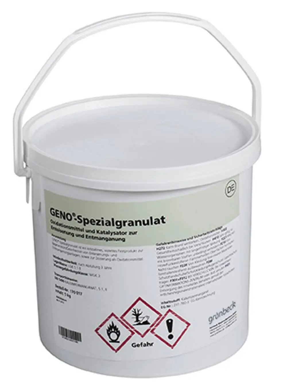 Weißer Eimer mit Deckel und Henkel, beschriftet mit Produktinformationen und Gefahrenhinweisen. Enthält Spezialgranulat von Grünbeck zur Anwendung in Wasseraufbereitungsanlagen.